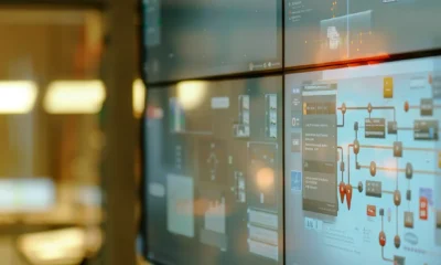 A large display featuring multiple screens, each presenting various data related to automating customer journeys.